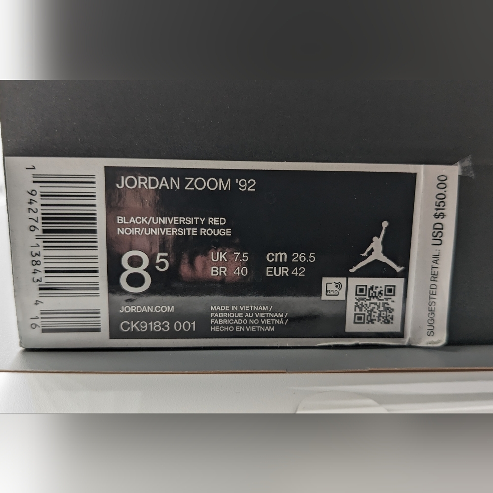 Jordan Zoom 92' -Black Cement Men's 8.5 NEW - Picture 7 of 7